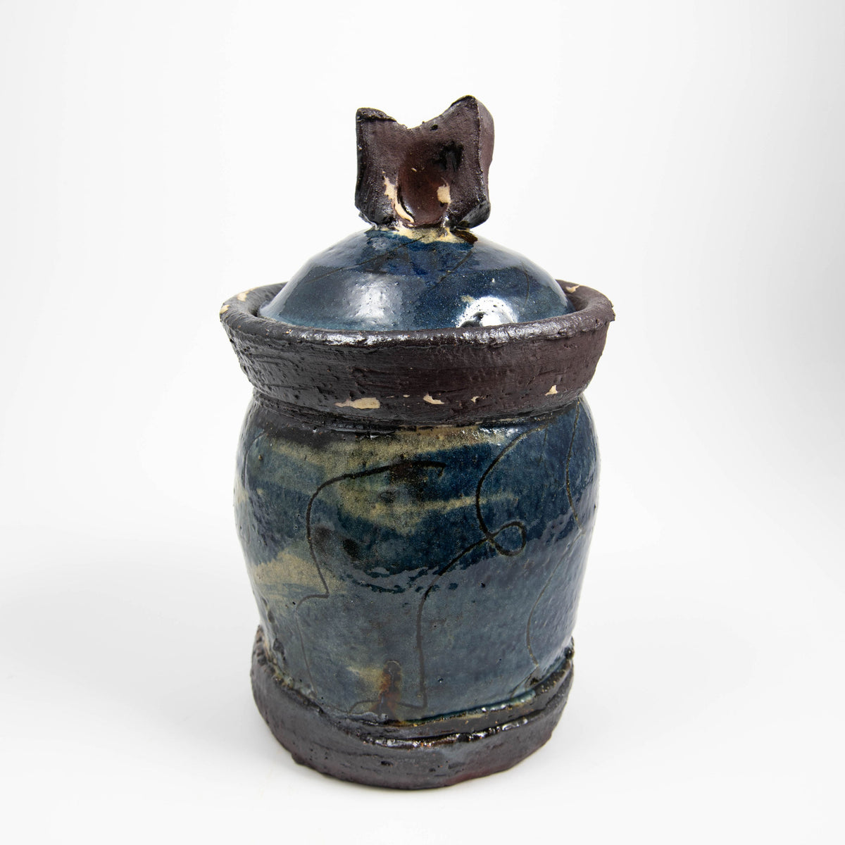 Pot moyen avec couvercle – Bleu · Sgraffito